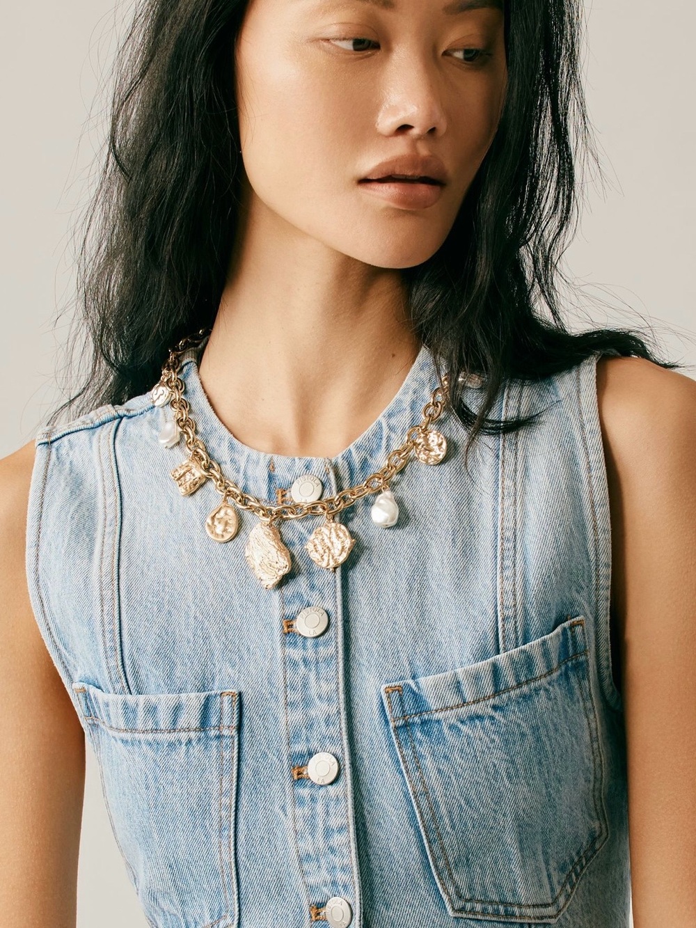 Anthropologie Gold-Tone Coin & Pearl Charm Necklace